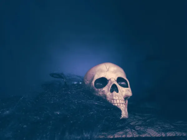 Totenkopf auf dunklem Hintergrund mit schwarzen Haaren — Stockfoto