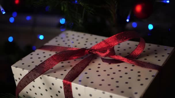बोकेह लाइट्स के साथ पेड़ में लपेटा हुआ क्रिसमस उपहार — स्टॉक वीडियो