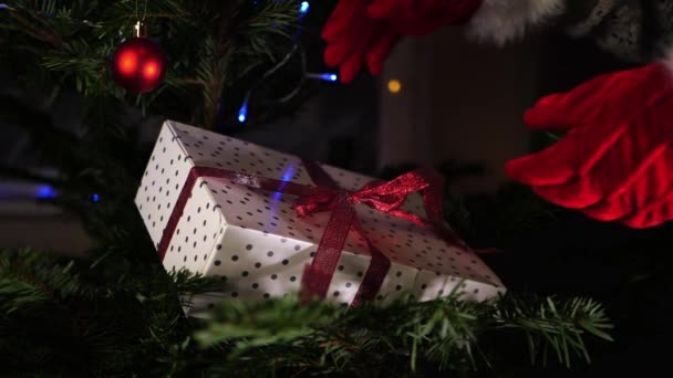 手は装飾された木でお祝いのクリスマスプレゼントを保持 — ストック動画