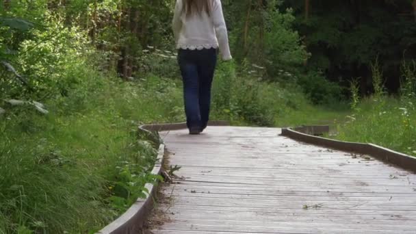 Donna cammina lungo il sentiero verso la foresta — Video Stock