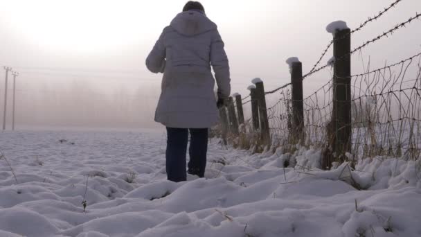 Mujer corriendo en invierno campo cubierto de nieve — Vídeo de stock