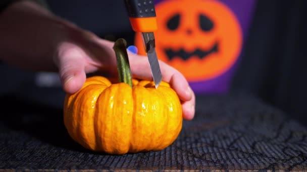 Een Halloween lantaarn maken van een pompoen — Stockvideo