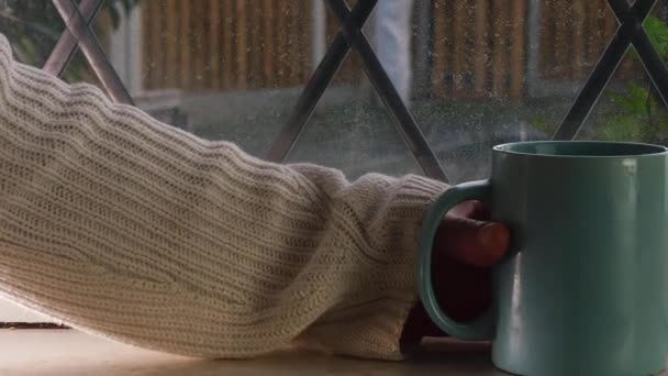 家の窓にコーヒーのマグカップと手 — ストック動画