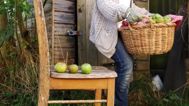 女人在篮子里提着新鲜的绿色苹果 — 图库视频影像