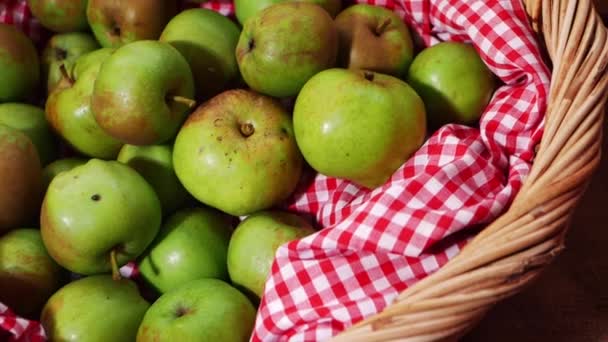 Συγκομιδή μήλων για ψήσιμο σε vintage υφαντό καλάθι — Αρχείο Βίντεο