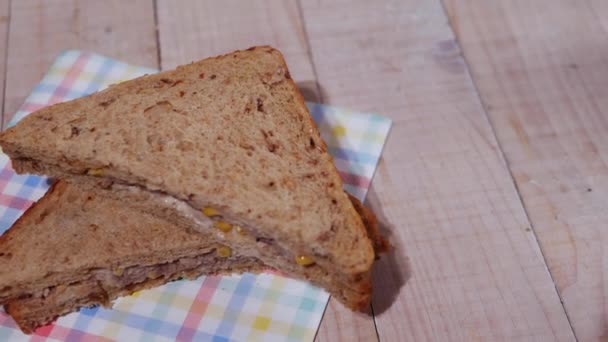 午餐用全麦面包做的金枪鱼三明治 — 图库视频影像