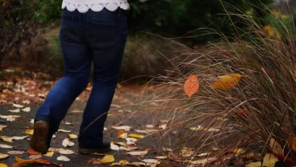 Parque de otoño con mujer corriendo en segundo plano — Vídeo de stock