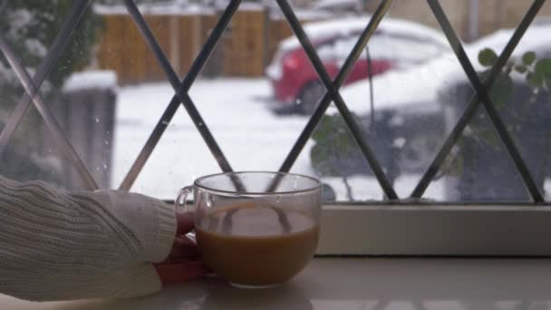 Mirando por la ventana en un día de invierno de nieve con taza de té — Vídeos de Stock