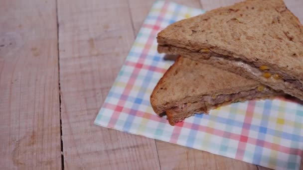 Sendvič s tuňákem v celozrnném chlebu k obědu — Stock video