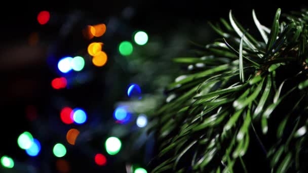 Kerstboom met bokeh lichten twinkelen in de achtergrond — Stockvideo