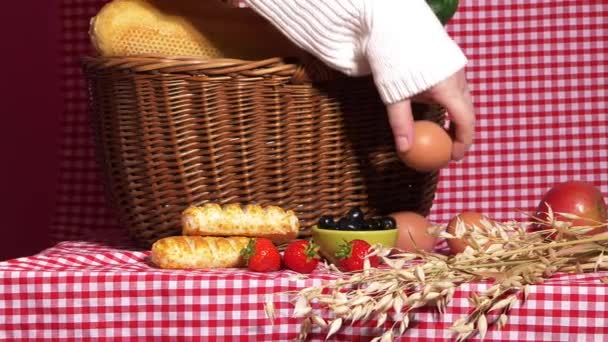 ジンガムを背景に健康的な新鮮な食べ物のピクニックバスケット — ストック動画
