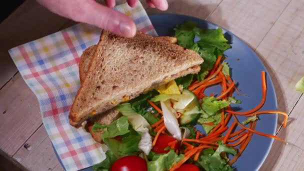 Hand grabs tuna sandwich with healthy salad — Stock Video