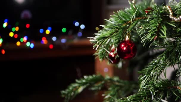 Μπουμπέ στο χριστουγεννιάτικο δέντρο με bokeh αναβοσβήνει φώτα — Αρχείο Βίντεο