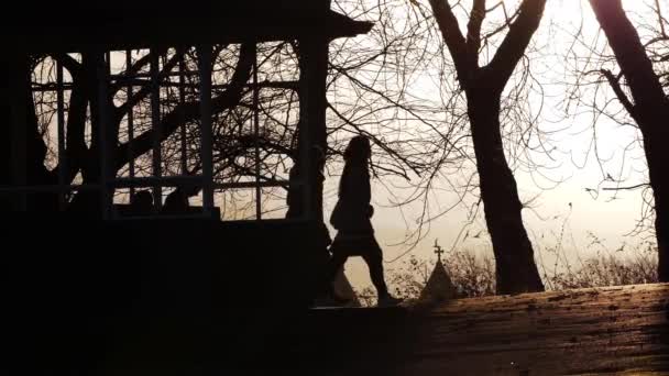 Parque público ao entardecer com pessoas em silhueta desfrutando de relaxante caminhada de inverno — Vídeo de Stock