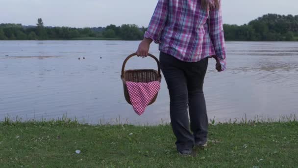 Mujer se encuentra junto a la orilla del lago con cesta de picnic vintage — Vídeo de stock