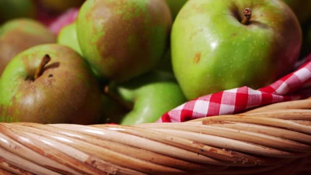 Basket of fresh green apples close up — Vídeos de Stock