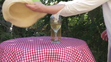 Bahçede piknik masası ve kırmızı gingham kaplı beyaz şarap.