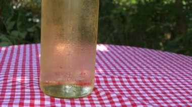 White wine and straw hat on picnic table 
