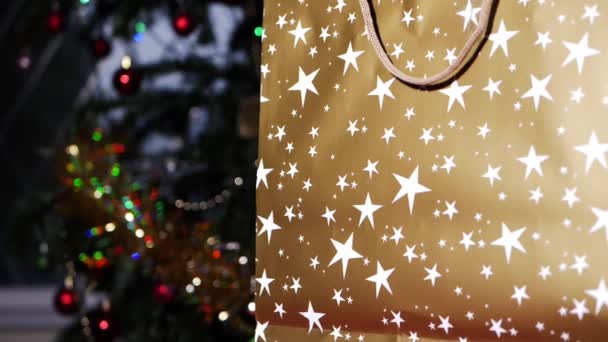 Bolsa de regalo con árbol de Navidad en el fondo — Vídeo de stock