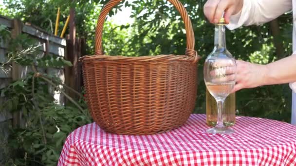 Picnic with white wine in the garden close slow motion — Stock Video