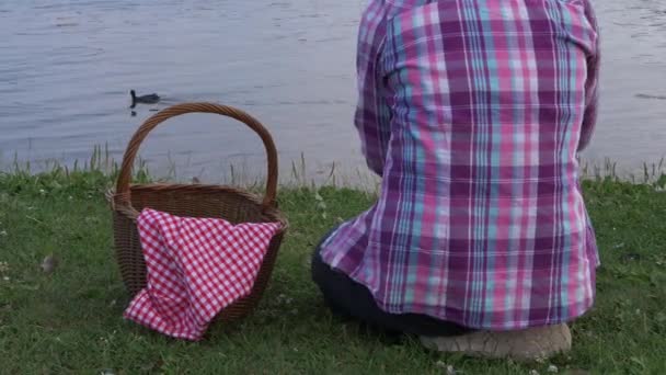 Женщина с корзиной для пикника сидит рядом с озером — стоковое видео