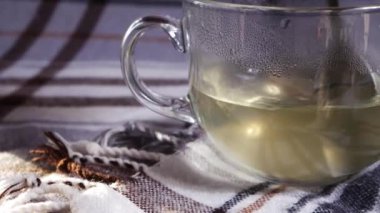 Doğal soğuk algınlığı ilacı için sıcak limon ve bal hazırlıyorum. Sürgülü kamerayı kapat ve seçici odaklan.