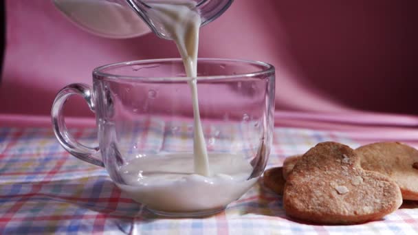 Pouring Glass Fresh Milk Homemade Cookies Medium Slow Motion Shot — Stock Video