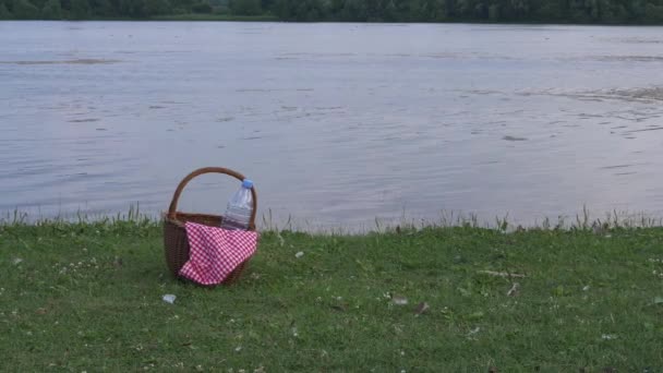 Panier de pique-nique avec tissu gingham rouge au bord du lac — Video