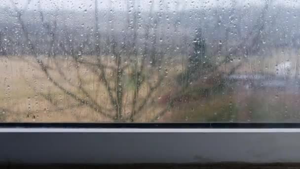 Timelapse σταγόνες βροχής στο παράθυρο θέα της αγροτικής σκηνής — Αρχείο Βίντεο