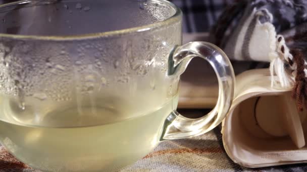 Bebida de limão quente e garrafa de água quente para alívio do frio e da gripe — Vídeo de Stock