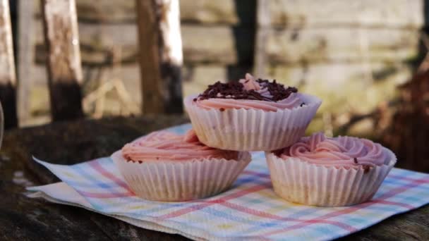 Casa cupcake al forno decorato con glassa rosa in giardino — Video Stock