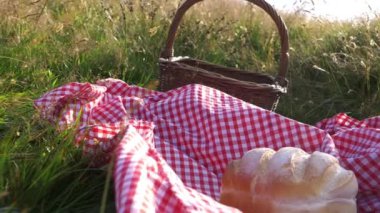 Klasik piknik sepeti ve kırmızı gingham battaniyesi ve taze ekmek. 