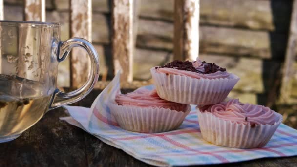Kruidenthee en roze cupcakes in de tuin — Stockvideo