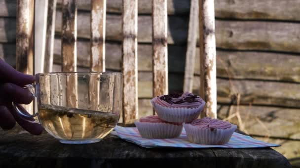 Örtte och rosa muffins i trädgården — Stockvideo