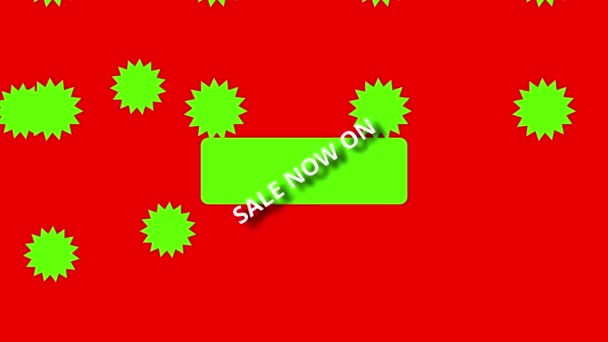 Πώληση τώρα στο animation κόκκινο φόντο banner πράσινα αστέρια — Αρχείο Βίντεο