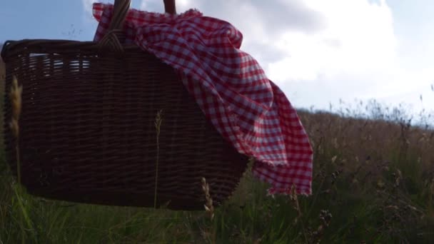 Cesta de picnic en el cálido campo de sol — Vídeos de Stock