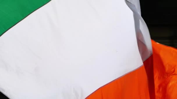 Ιρλανδική σημαία πορτοκαλί πράσινη και λευκή σημαία φυσά στον άνεμο — Αρχείο Βίντεο