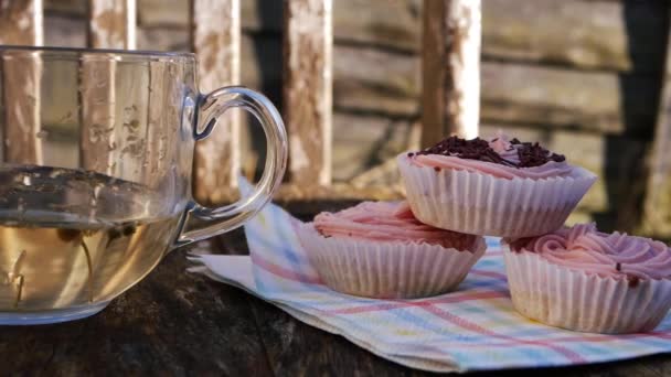 Kruidenthee en roze cupcakes in de tuin — Stockvideo