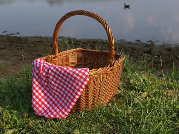 Kosz piknikowy i czerwona suknia przy jeziorze — Zdjęcie stockowe