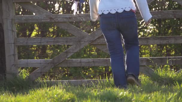Kobieta idzie w kierunku starych drewnianych rolników ogrodzenia na łące — Wideo stockowe