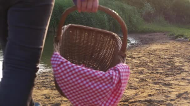 Woman walks along lake shore with vintage picnic basket — Stock Video