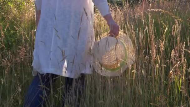 有草帽的女人在阳光明媚的夏乡草地上 — 图库视频影像