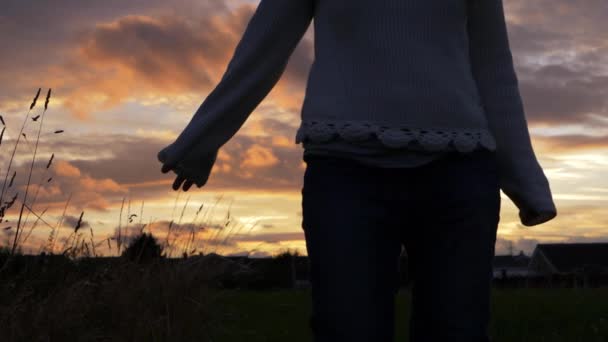 Vrouw silhouet wandelen in gouden zonsondergang — Stockvideo
