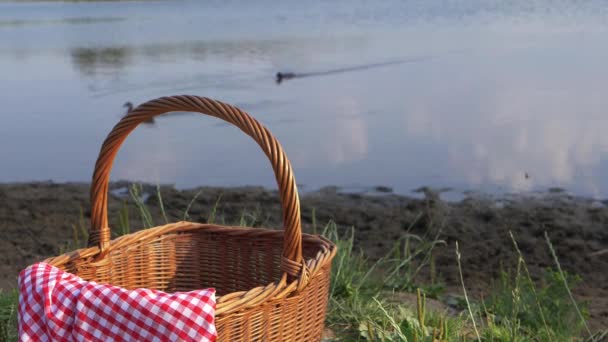 湖のショットで赤い銀杏の布でピクニックバスケット — ストック動画