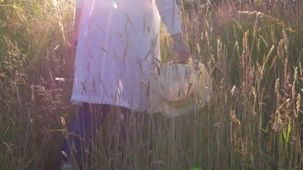 Donna con cappello di paglia in prato estivo illuminato dal sole — Video Stock