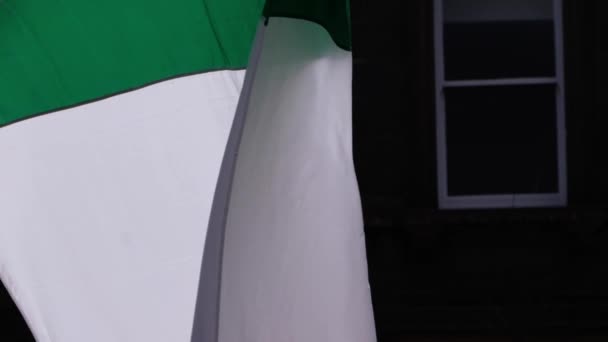 Drapeau irlandais drapeau orange vert et blanc souffle dans le vent contre le bâtiment — Video