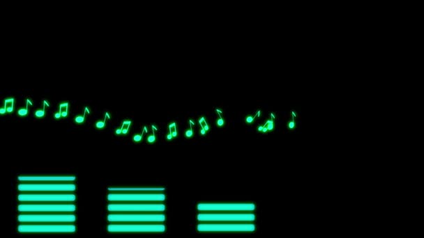 Цифровой аудио эквалайзер зеленый свет с музыкальными нотами на чёрном фоне — стоковое видео