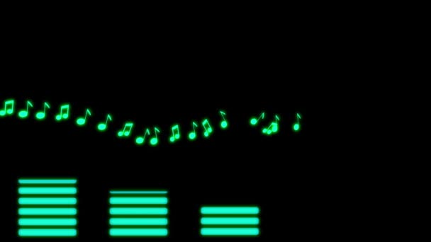 Ecualizador de audio digital luces verdes con notas musicales en negro blackground — Vídeo de stock