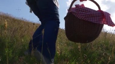 Sıcak gün ışığında piknik sepeti olan kadın. 