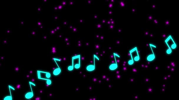 Notas musicales y estrellas brillan sobre fondo azul — Vídeo de stock